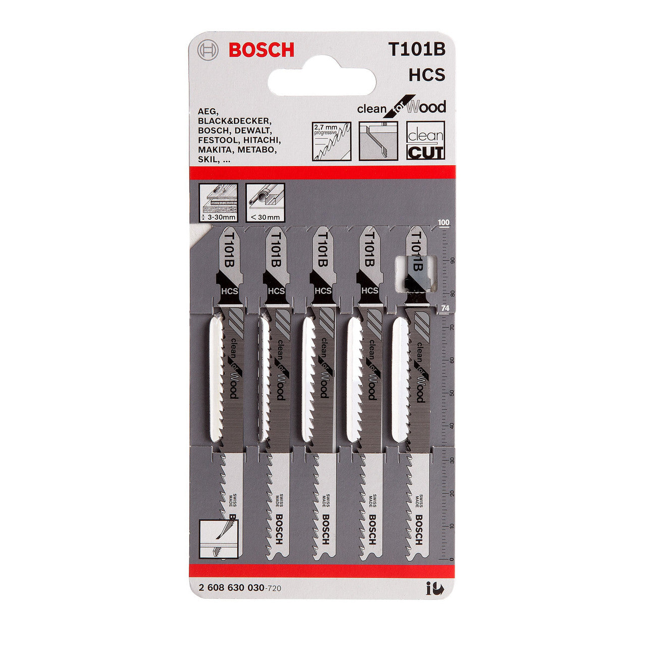 Bosch T101B Clean Jigsaw Blade for Wood 100mm (Pack of 5)