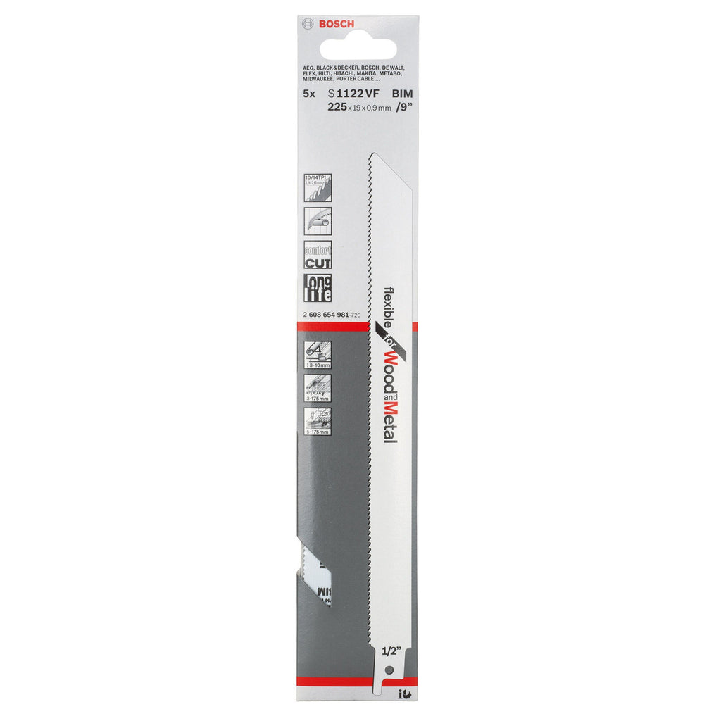 Bosch S1122VF Flexible Reciprocating Saw Blade for Wood & Metal 225mm (Pack of 5)