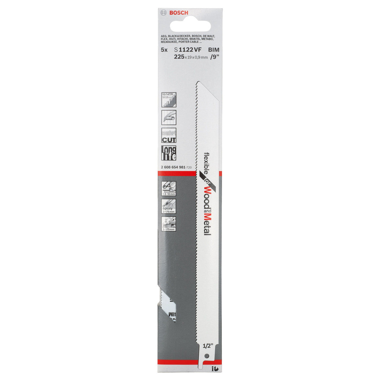 Bosch S1122VF Flexible Reciprocating Saw Blade for Wood & Metal 225mm (Pack of 5)