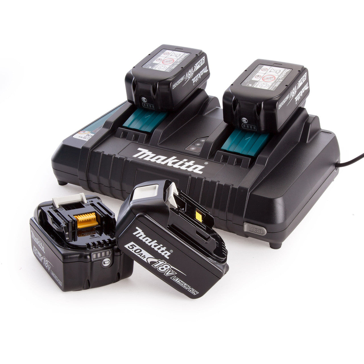 Makita DC18RD Dual Port Charger 7.2 - 18V with 4 x BL1850B 18V 5.0Ah Batteries