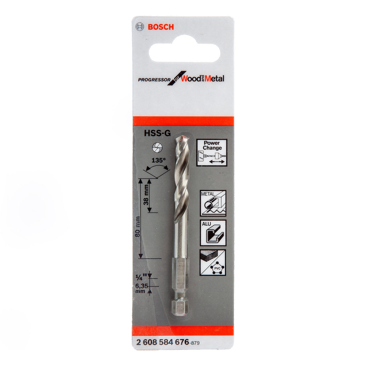 Bosch 2608584676 HSS-G Hole Saw Pilot Drill 6.35mm x 38mm x 80mm 1/4in Hex Shank 2
