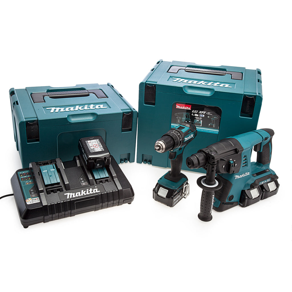 Makita DLX2137PTJ LXT 18V Combi Drill & SDS+ Rotary Hammer Twin Pack (4 x 5.0Ah Batteries)