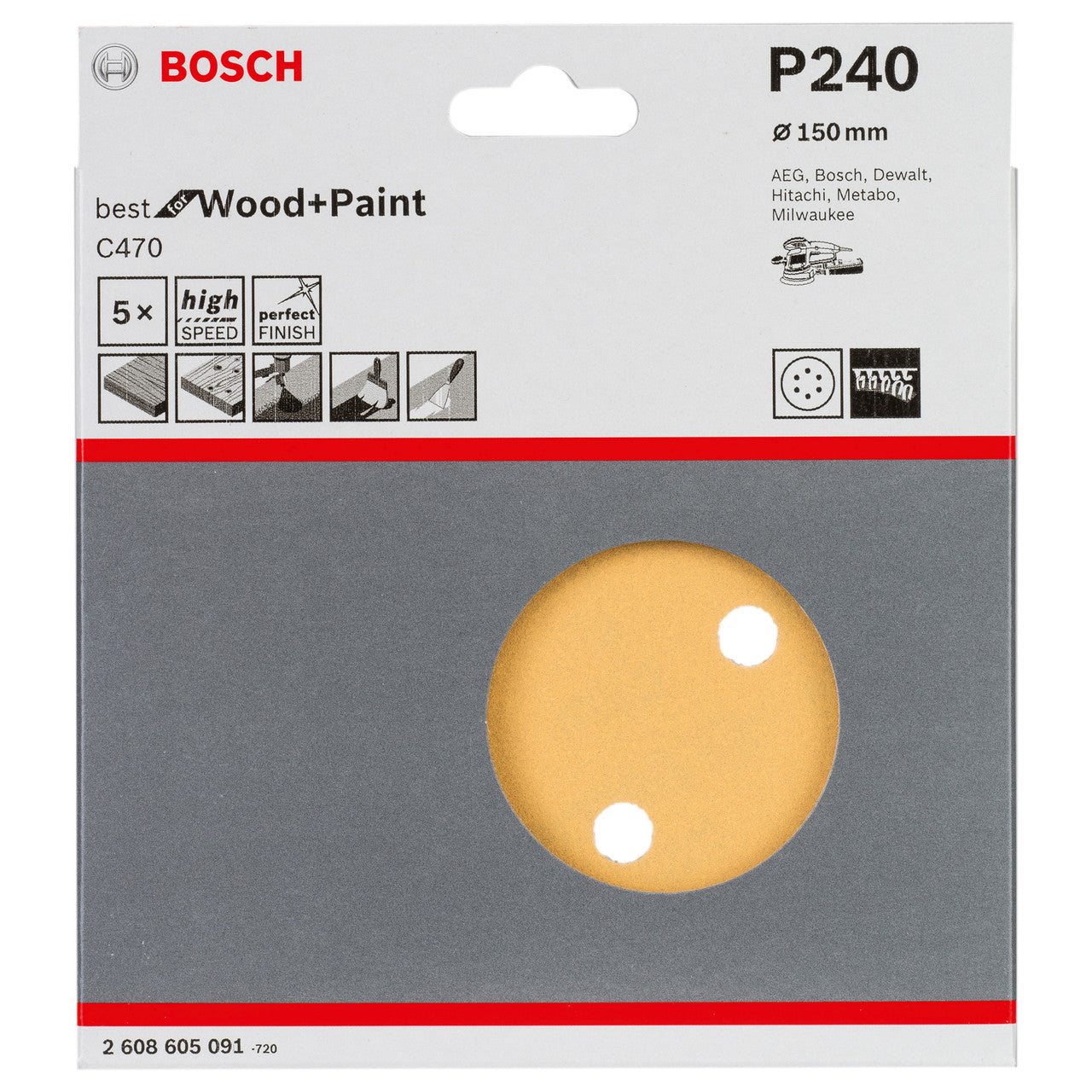 Bosch 2608605091 Sanding Disc C470 Best for Wood and Paint 150mm x 240 Grit (Pack Of 5) 2