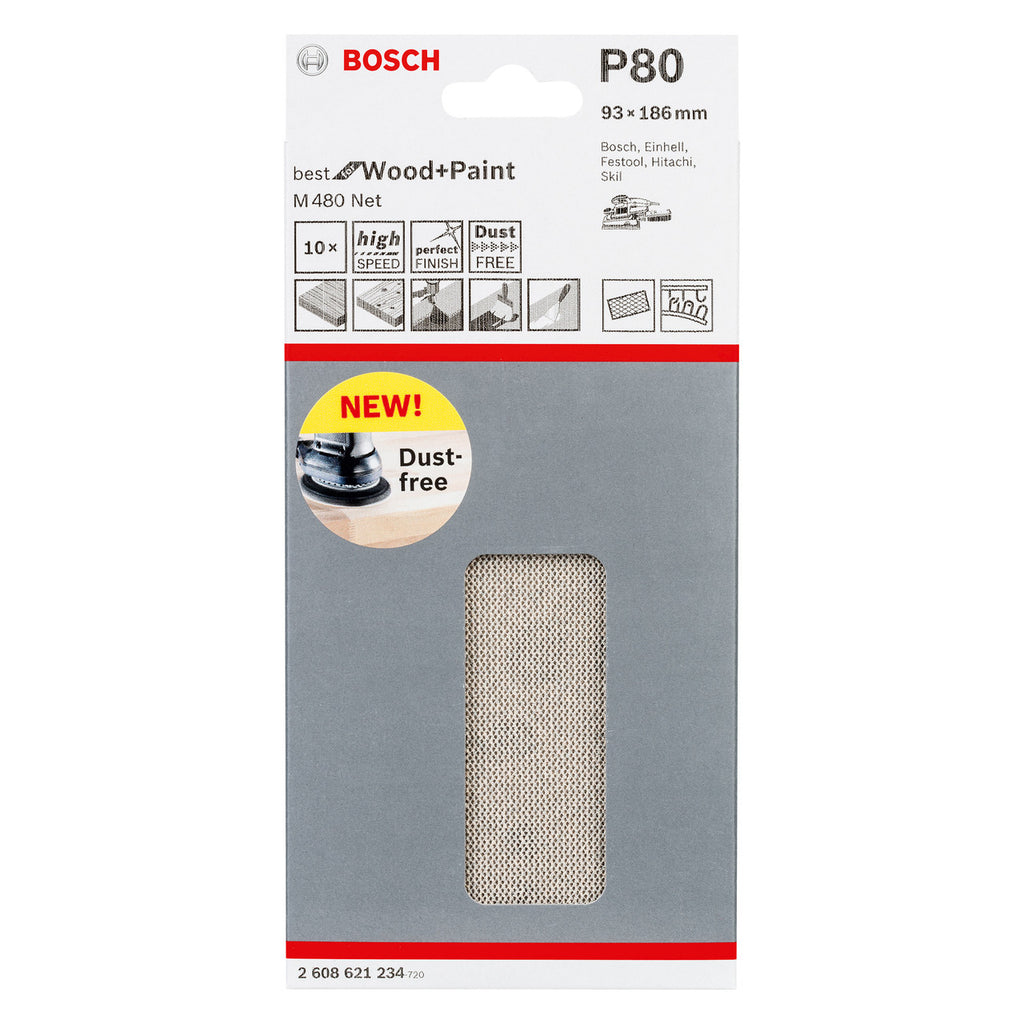Bosch 2608621234 Sanding Net Sheets M480 Best for Wood and Paint 93 x 186mm 1/3 Sheet 80 Grit (Pack Of 10) 2