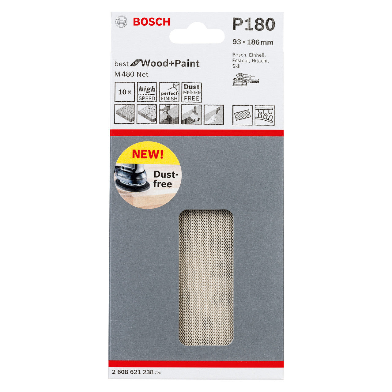 Bosch 2608621238 Sanding Net Sheets M480 Best for Wood and Paint 93 x 186mm 1/3 Sheet 180 Grit (Pack Of 10) 2