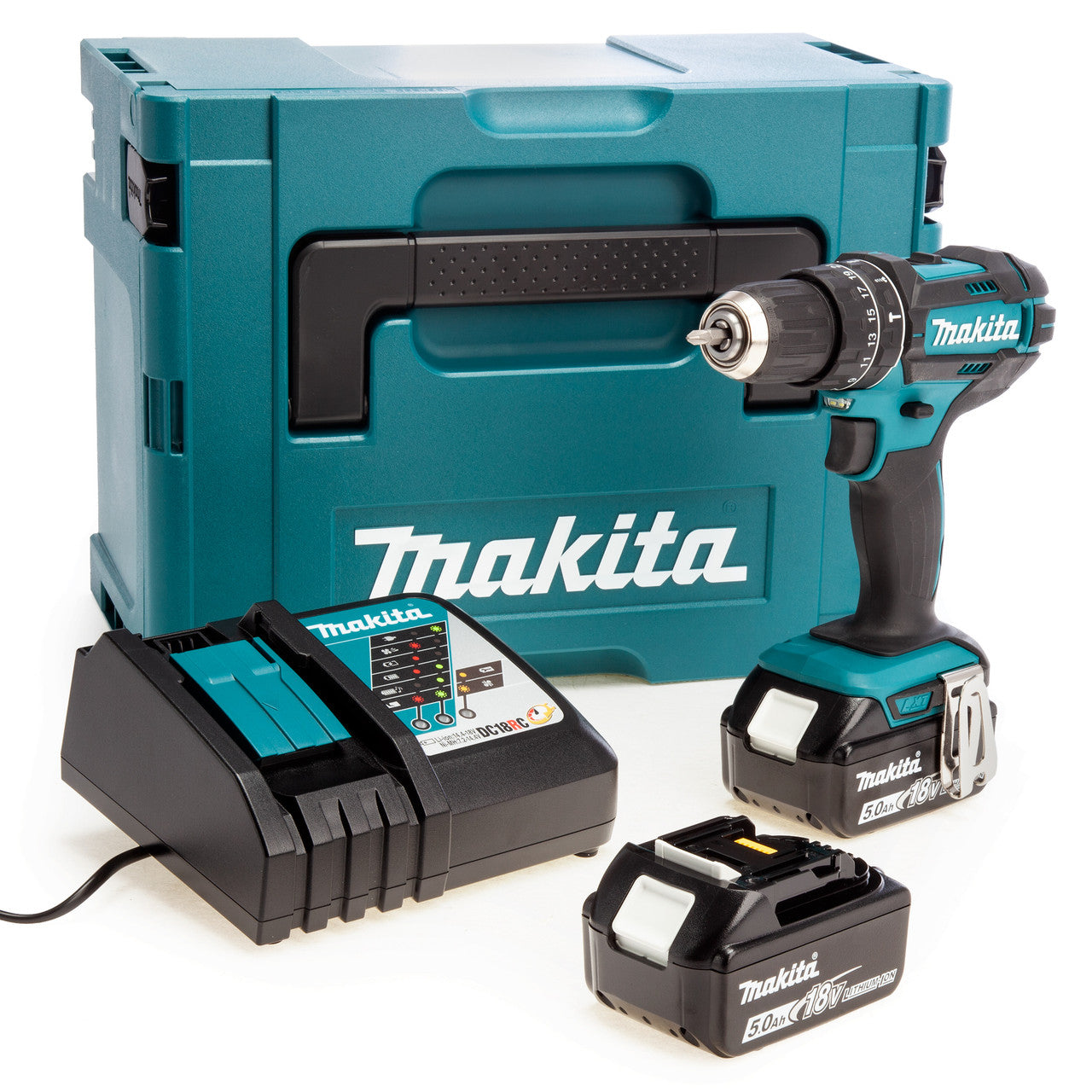 Makita DHP482RTJ 18V LXT Combi Drill (2 x 5.0Ah Batteries) in MakPac