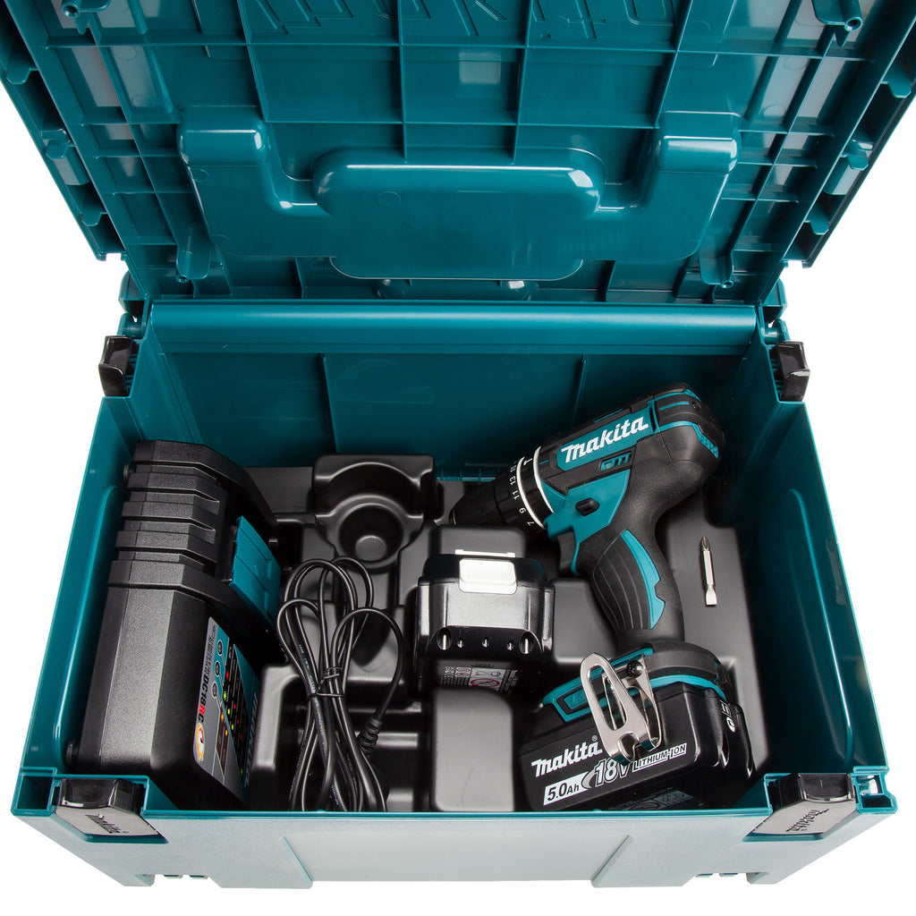 Makita DHP482RTJ 18V LXT Combi Drill (2 x 5.0Ah Batteries) in MakPac 4