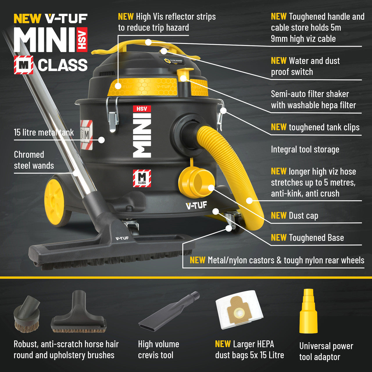 V-TUF MINIHSV110 M-Class Dust Extraction Vacuum Cleaner 15L 110V- Health & Safety Version