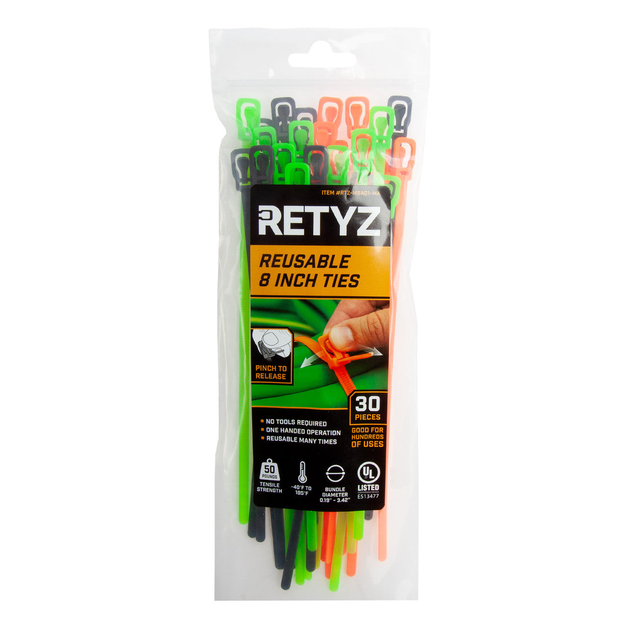 RETYZ MBA01-MA Releasable Tie Combo Pack 203mm/8in (Pack of 30) 2