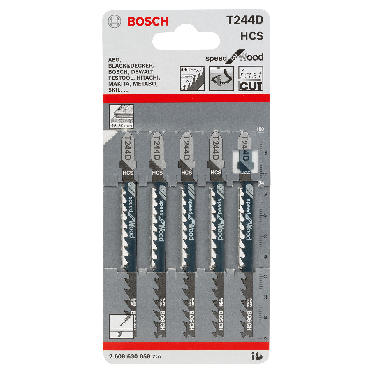 Bosch T244D Speed for Wood Jigsaw Blades showing pack of 5
