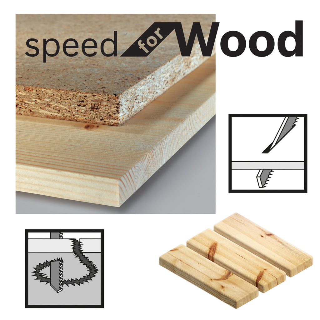 Bosch T244D Speed for Wood Jigsaw Blades showing materials they can cut