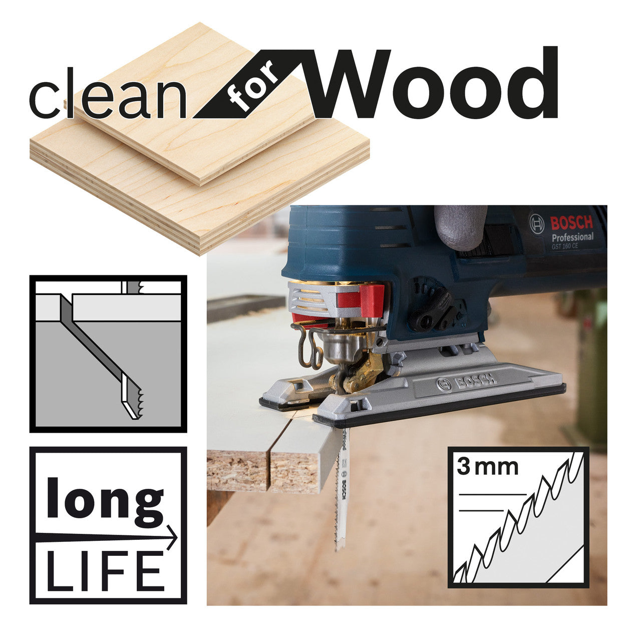 Bosch T301CD (2608637590) Clean For Wood Jigsaw Blades shows materials they can cut