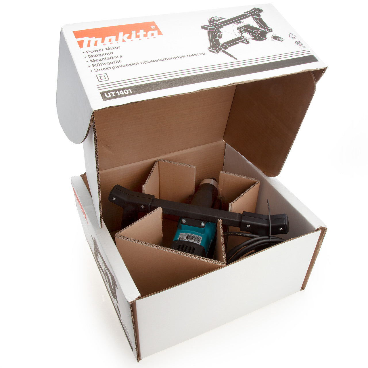 Makita UT1401 High Viscosity Paddle Mixer 1300W (240V) in packaging lying open