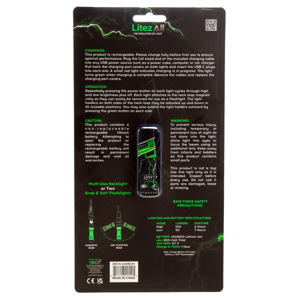 LitezAll 25515 Rechargeable Neck Light 100 Lumens back of packaging