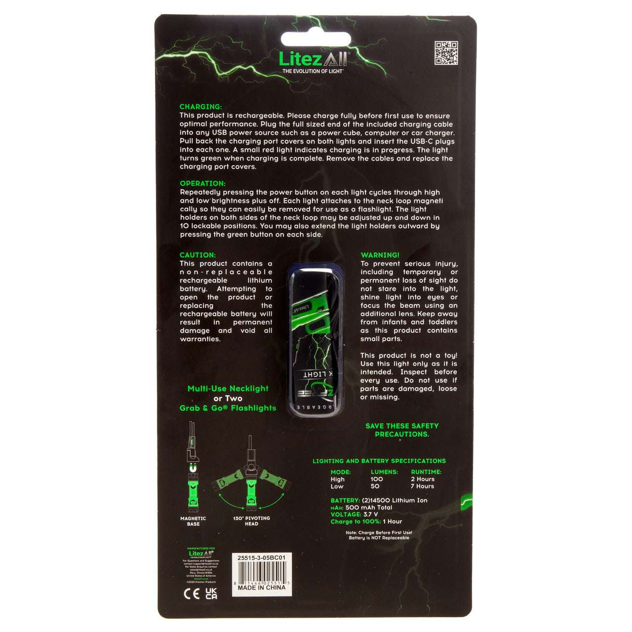LitezAll 25515 Rechargeable Neck Light 100 Lumens back of packaging