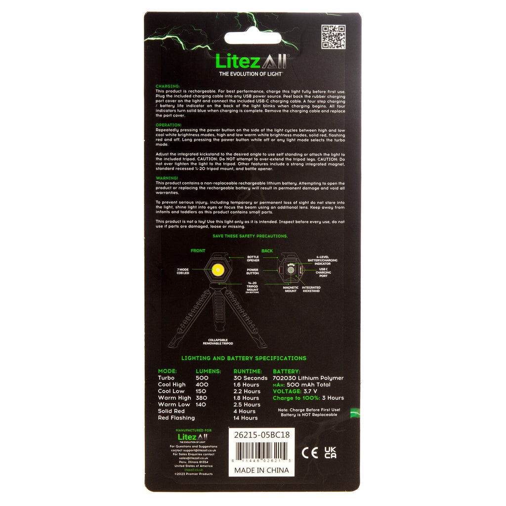 LitezAll 26215 Compact Work Light with Tripod 500 Lumens back of packaging