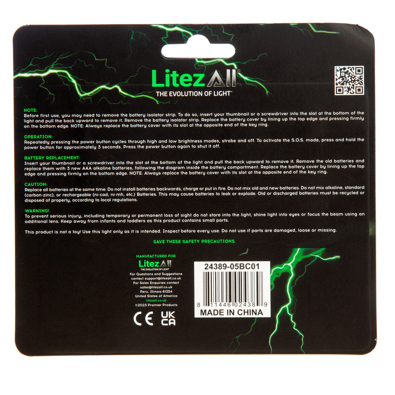 LitezAll 24389 CobFob Tactical Keychain 120 Lumens (3 Pack) back of packaging