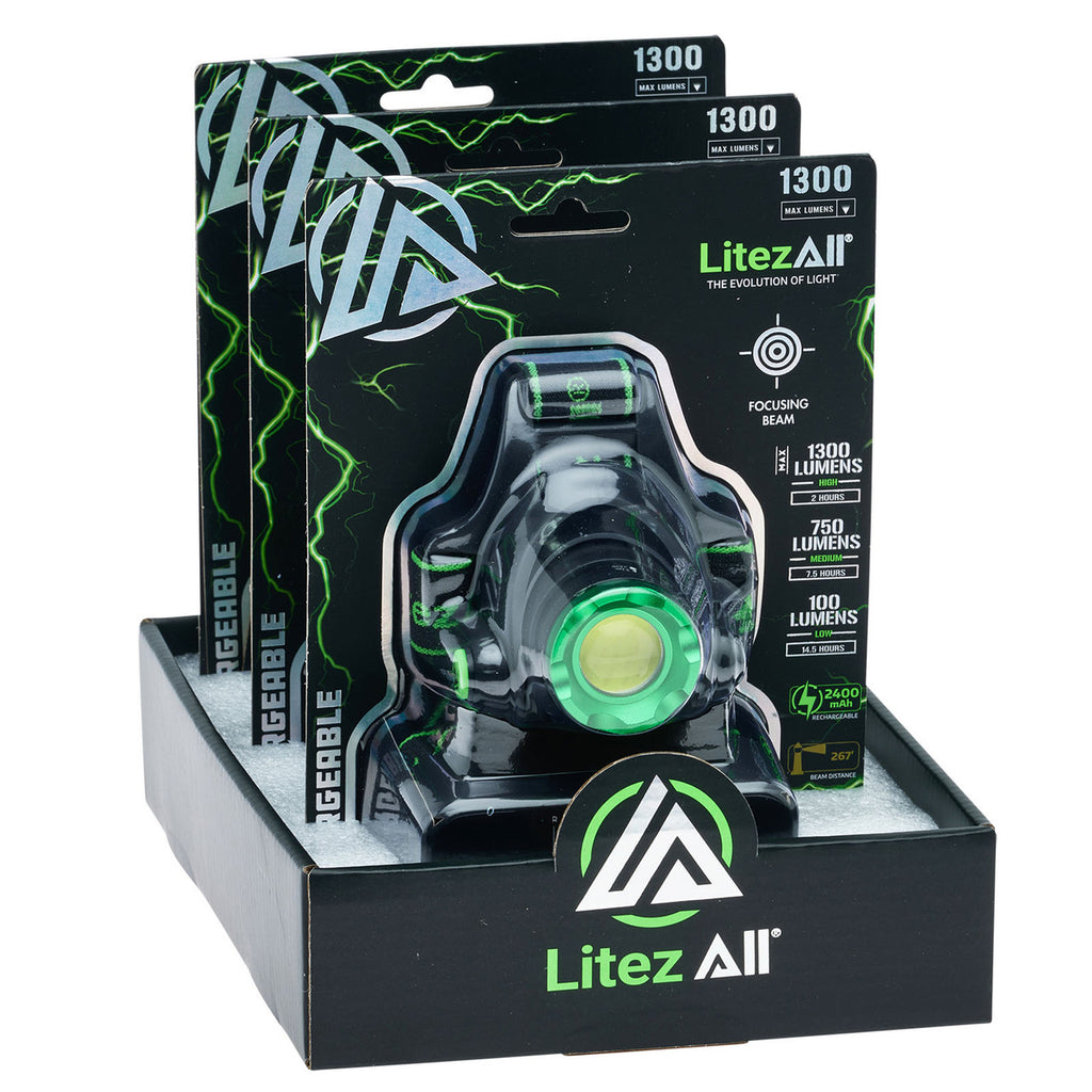 LitezAll 25188 Rechargeable Head Torch 1300 Lumens merchandiser