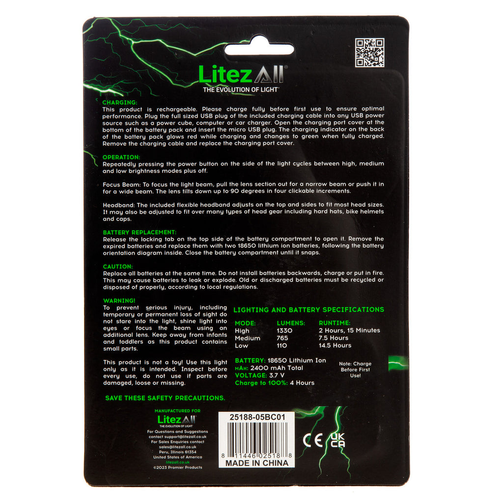 LitezAll 25188 Rechargeable Head Torch 1300 Lumens back of packaging