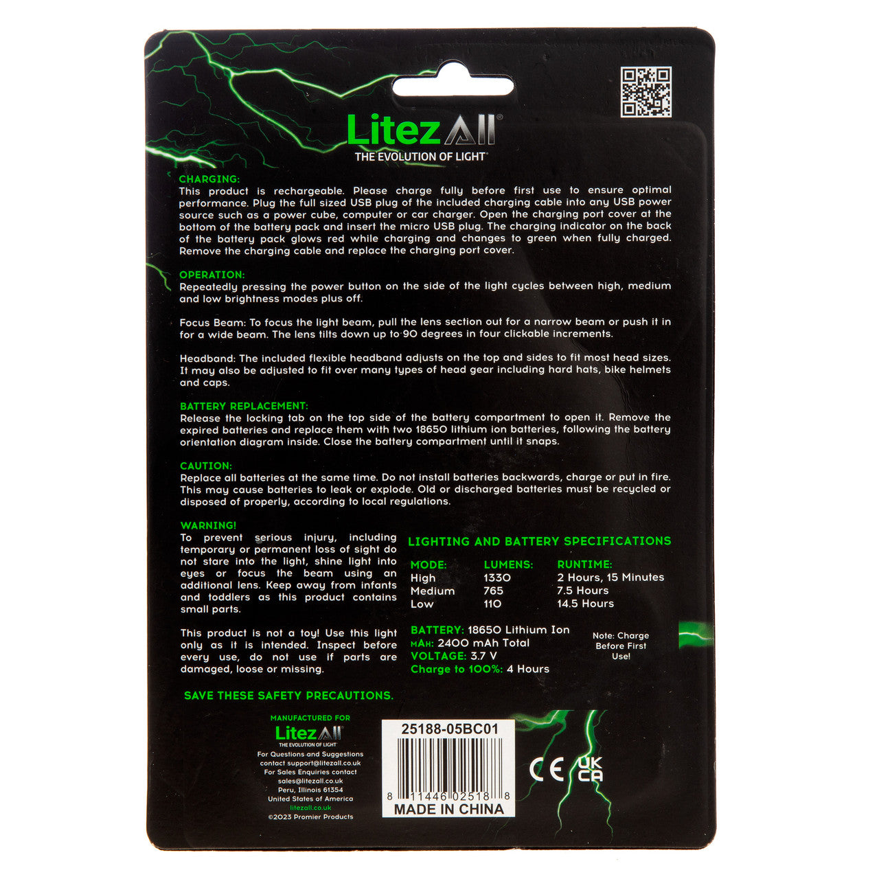 LitezAll 25188 Rechargeable Head Torch 1300 Lumens back of packaging