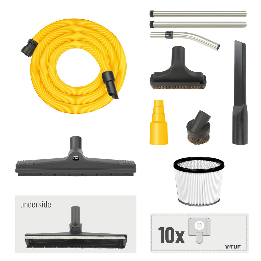 V-TUF MIGHTY XL HSV M-Class Dust Extractor Wet & Dry Vacuum 37L (240V) Health & Safety Version showing accessories