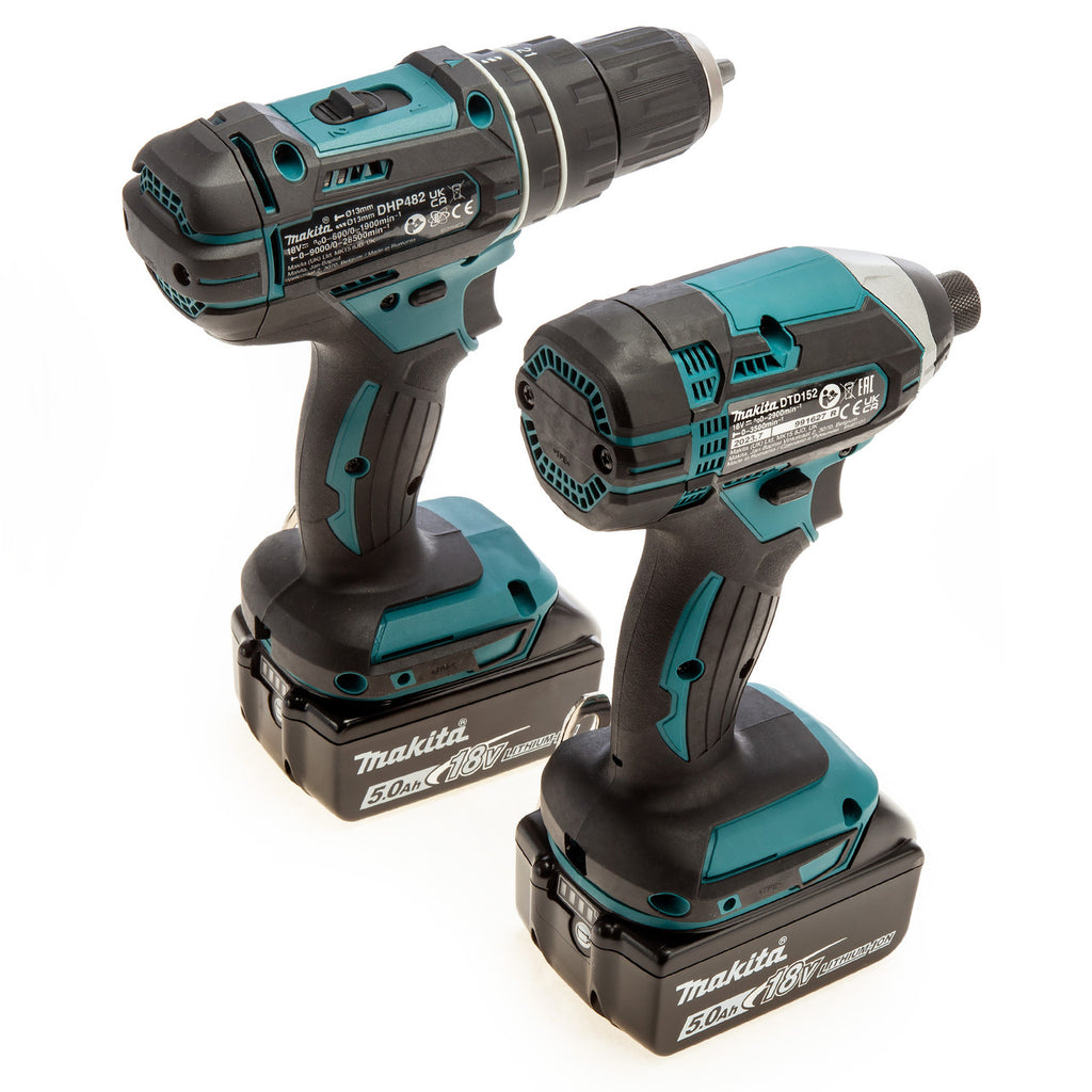 Makita DLX2131TJ 18V LXT DHP482 Combi Drill & DTD152 Impact Driver Twin Pack (2 x 5.0Ah Batteries) both tools rear view