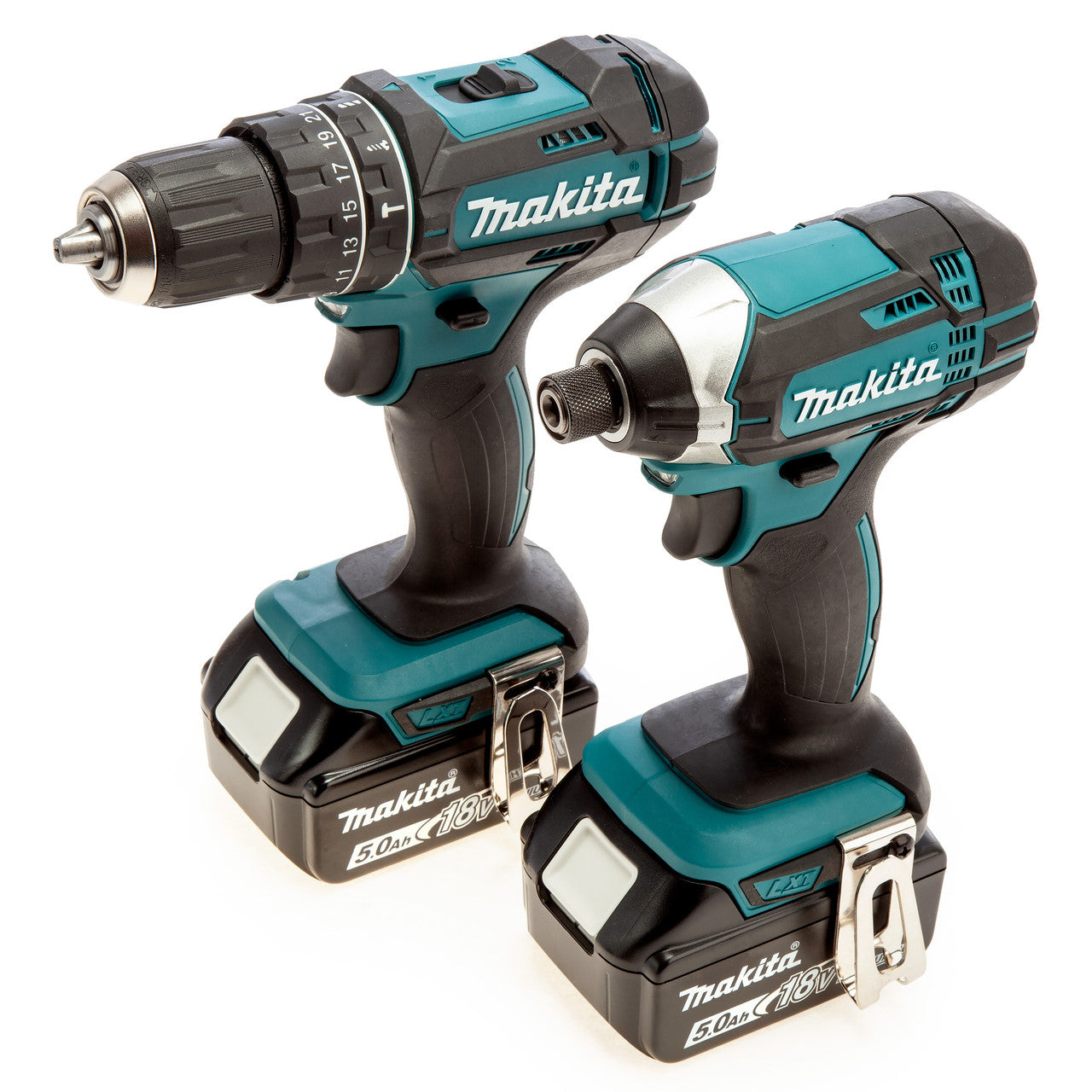Makita DLX2131TJ 18V LXT DHP482 Combi Drill & DTD152 Impact Driver Twin Pack (2 x 5.0Ah Batteries) both tools front view