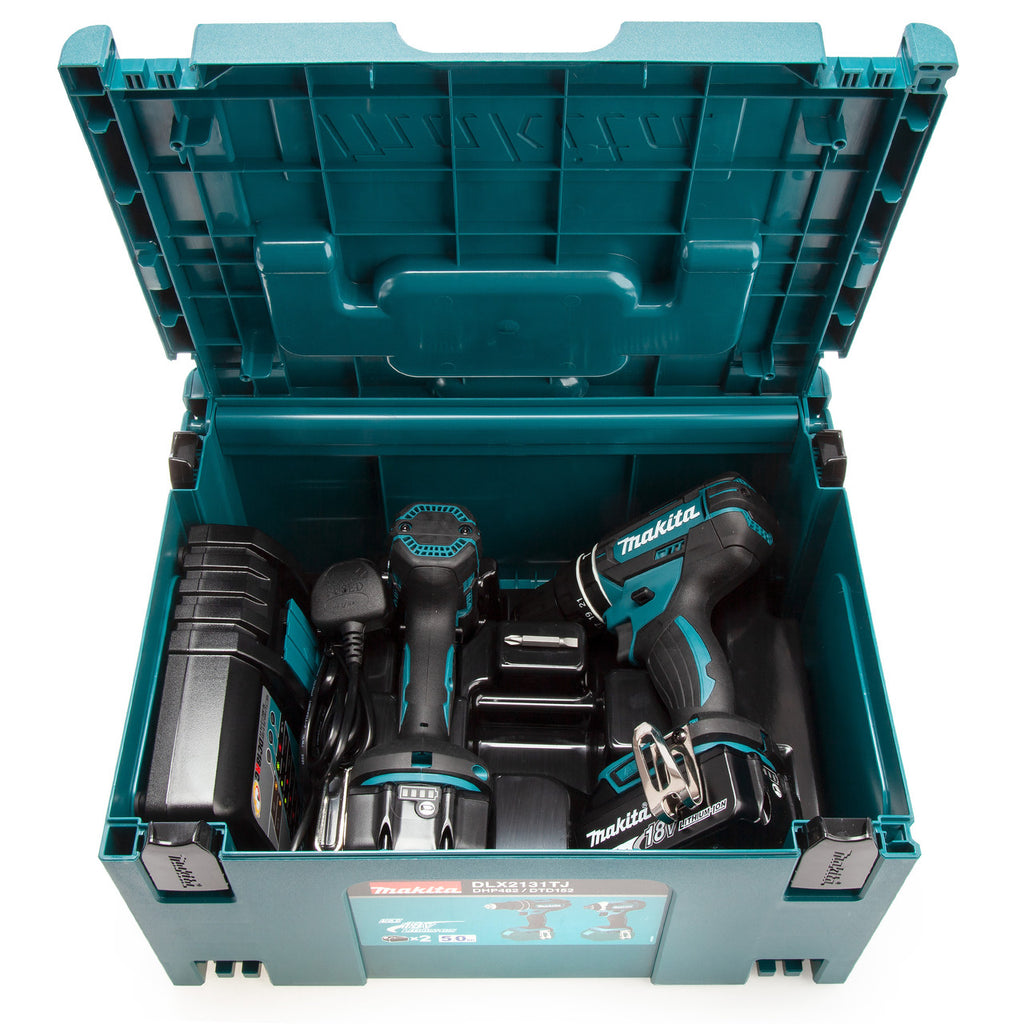 Makita DLX2131TJ 18V LXT DHP482 Combi Drill & DTD152 Impact Driver Twin Pack (2 x 5.0Ah Batteries) view inside case with tools