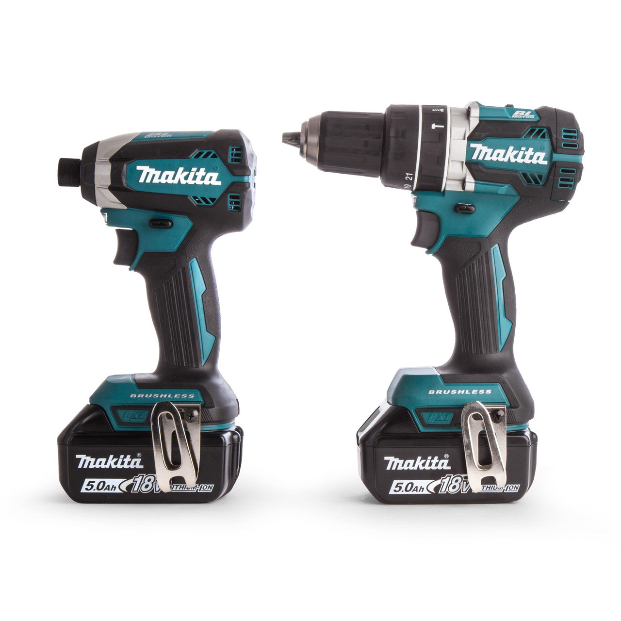 Makita DLX2180TJ 18V Brushless Combi Drill & Impact Driver Twin Pack (2 x 5.0Ah Batteries) both tools side on