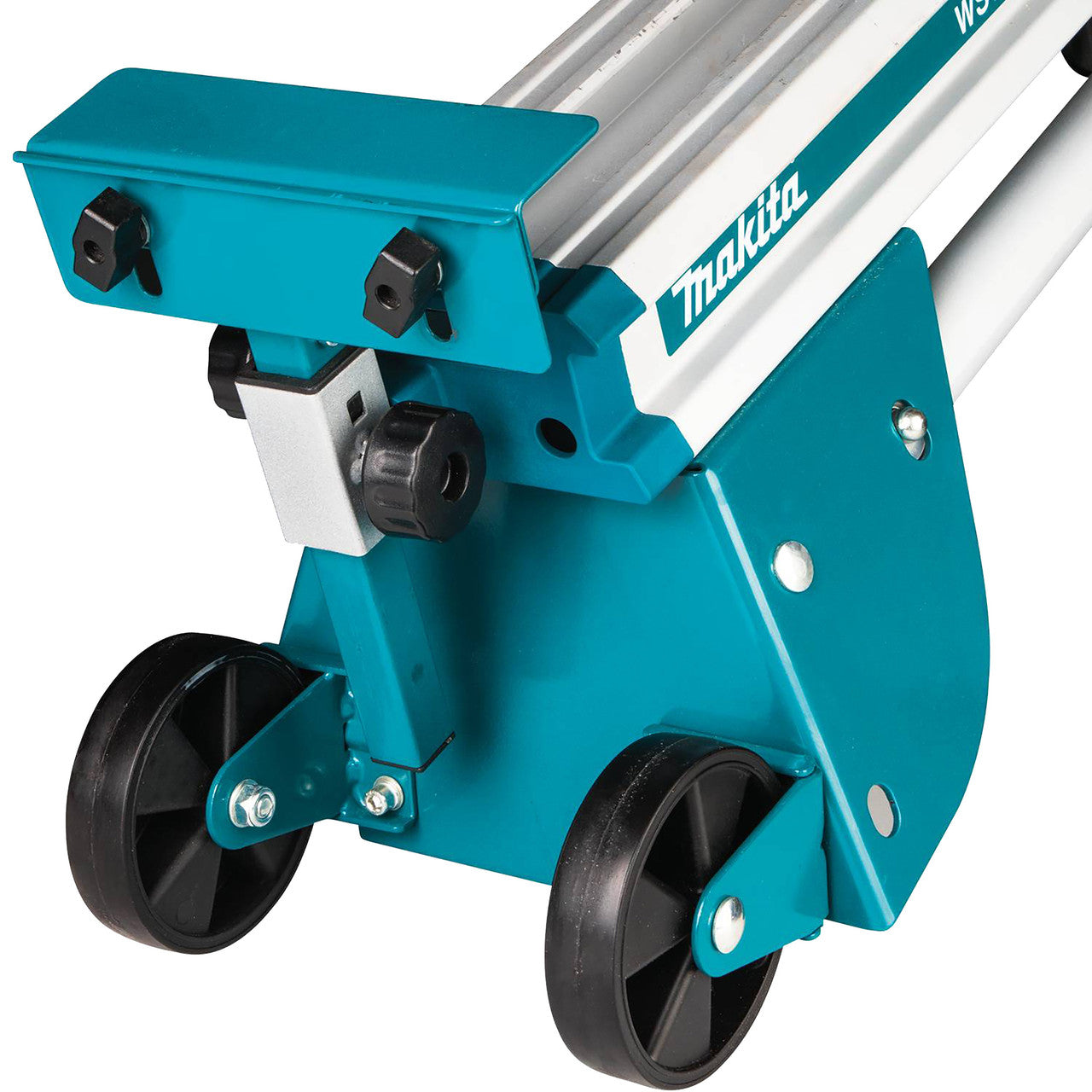 Makita DEBWST06 Mitre Saw Stand close up of transportation wheels