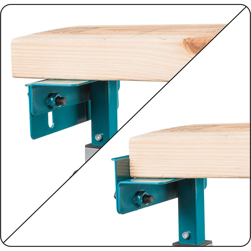 Makita DEBWST06 Mitre Saw Stand close up of wood securing brackets