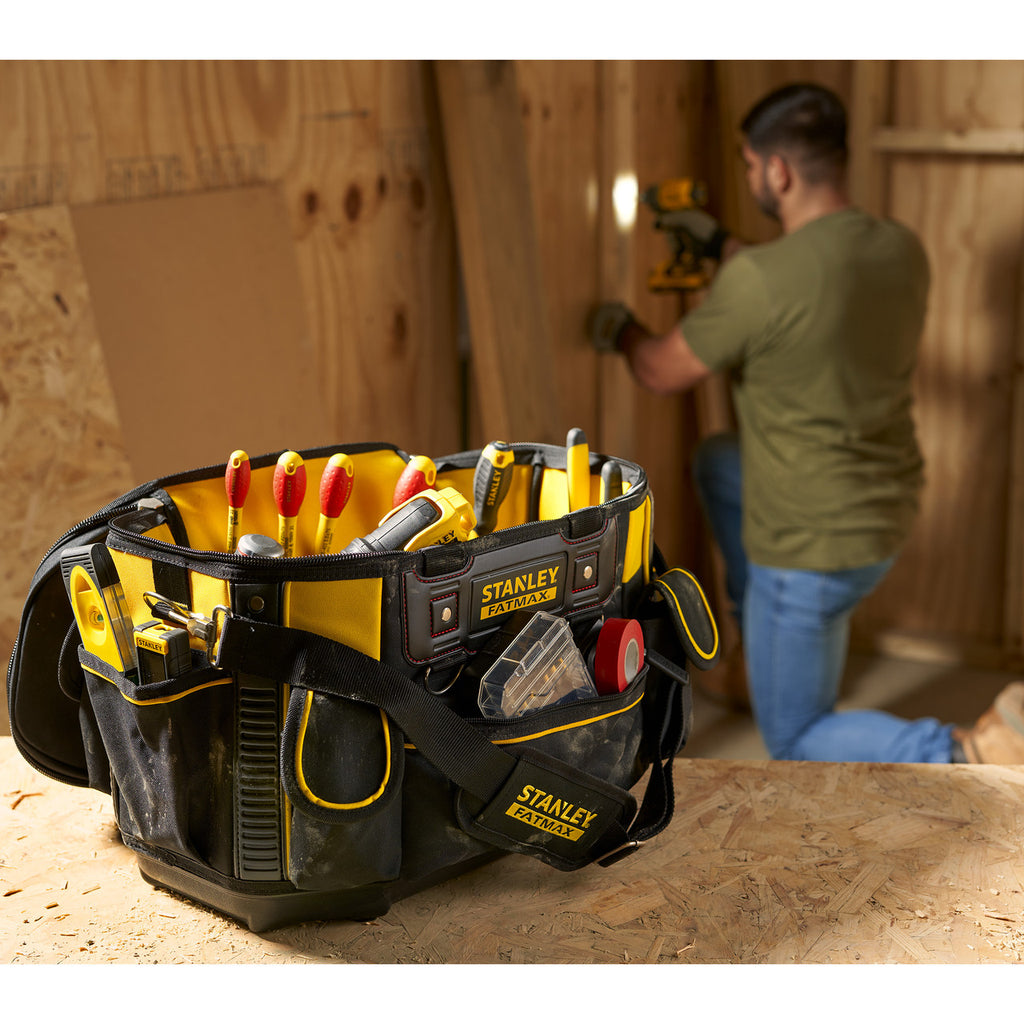 Stanley Fatmax FMST1-70749 Round Top Rigid Tool Bag 20'' being use on site full of tools