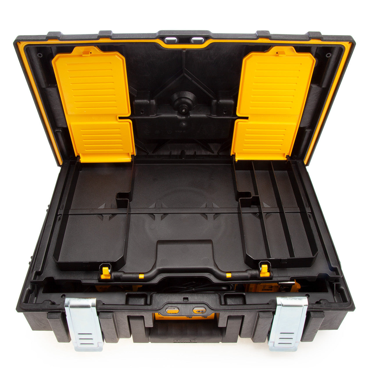Dewalt DCK266P2 18V XR Combi Drill & Impact Driver Twin Pack case open showing storage compartment