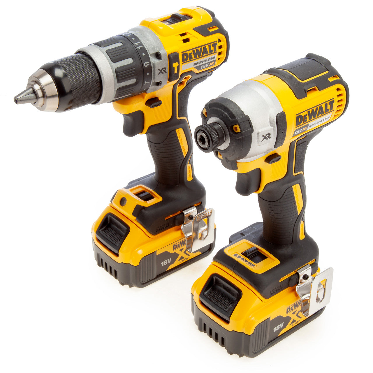 Dewalt DCK266P2 18V XR Combi Drill & Impact Driver Twin Pack side view of both tools