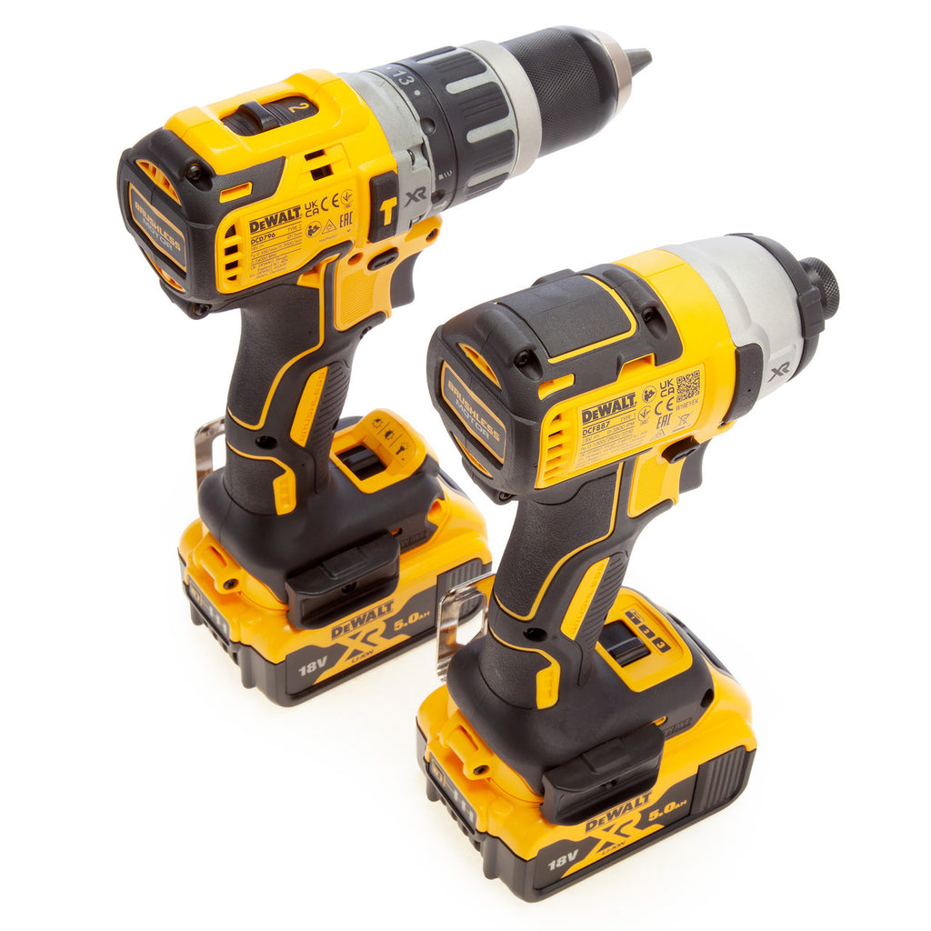 Dewalt DCK266P2 18V XR Combi Drill & Impact Driver Twin Pack rear view of both tools