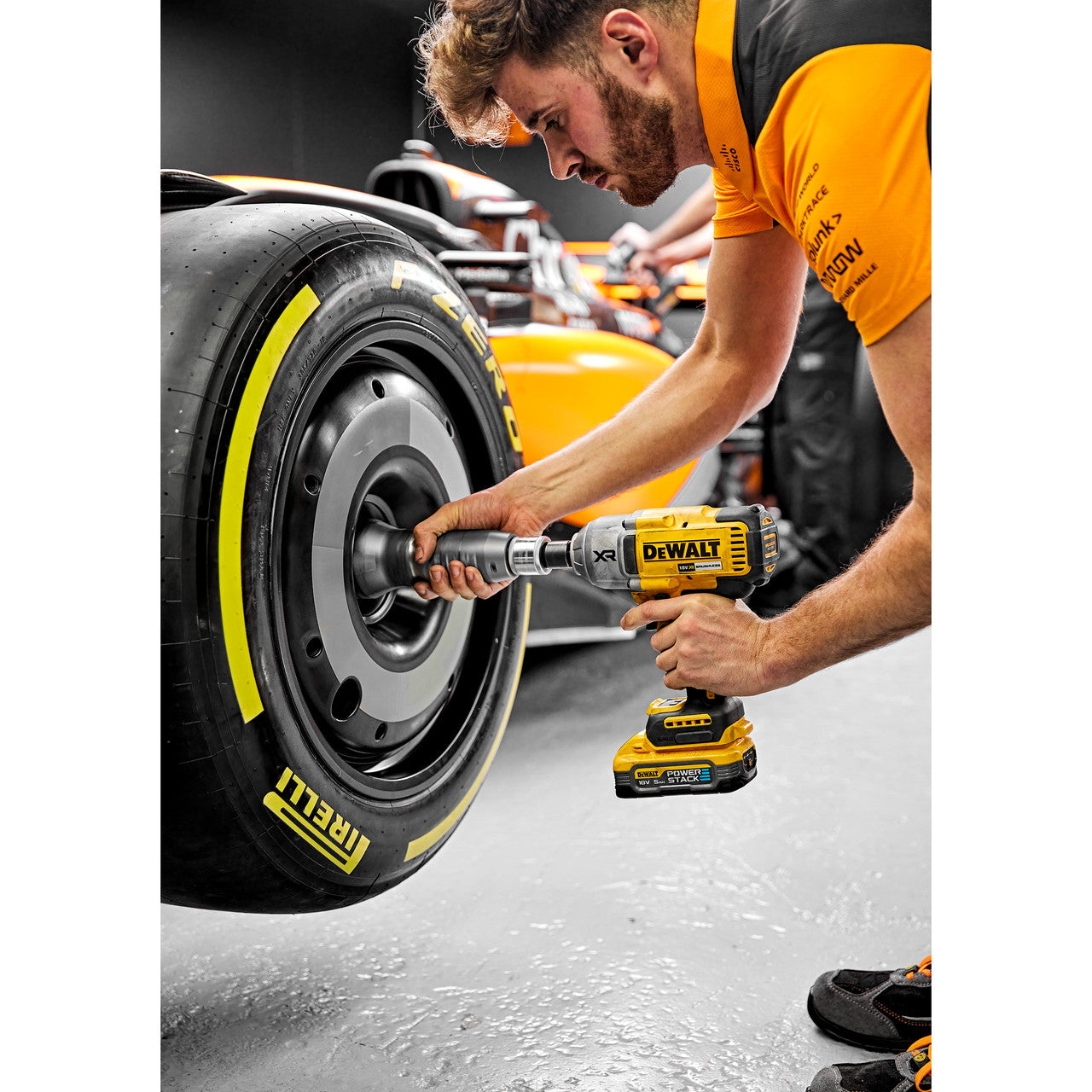 Dewalt DCF900N 18V XR Impact Wrench in use tightening F1 car wheel