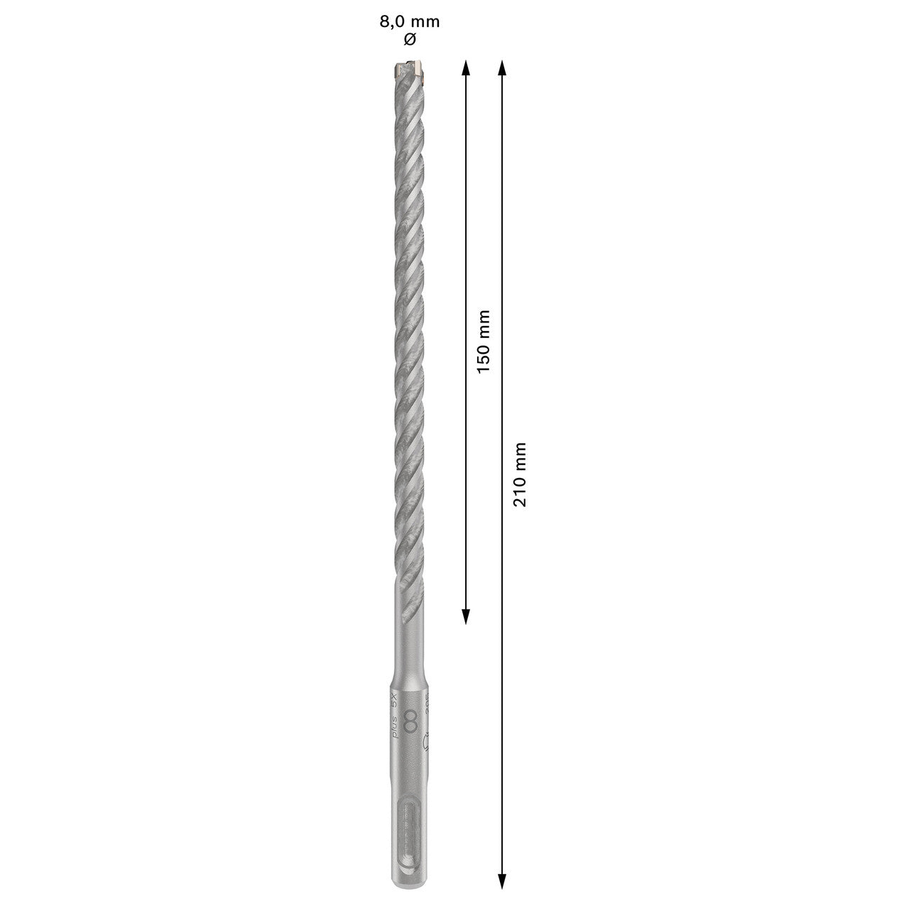 Bosch 2608833790 SDS+ 5X Masonry Drill Bit 8 x 150 x 210mm showing dimensions