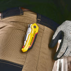 Stanley 0-10-825 FatMax Retractable Folding Knife with 3 Blades being worn on pocket