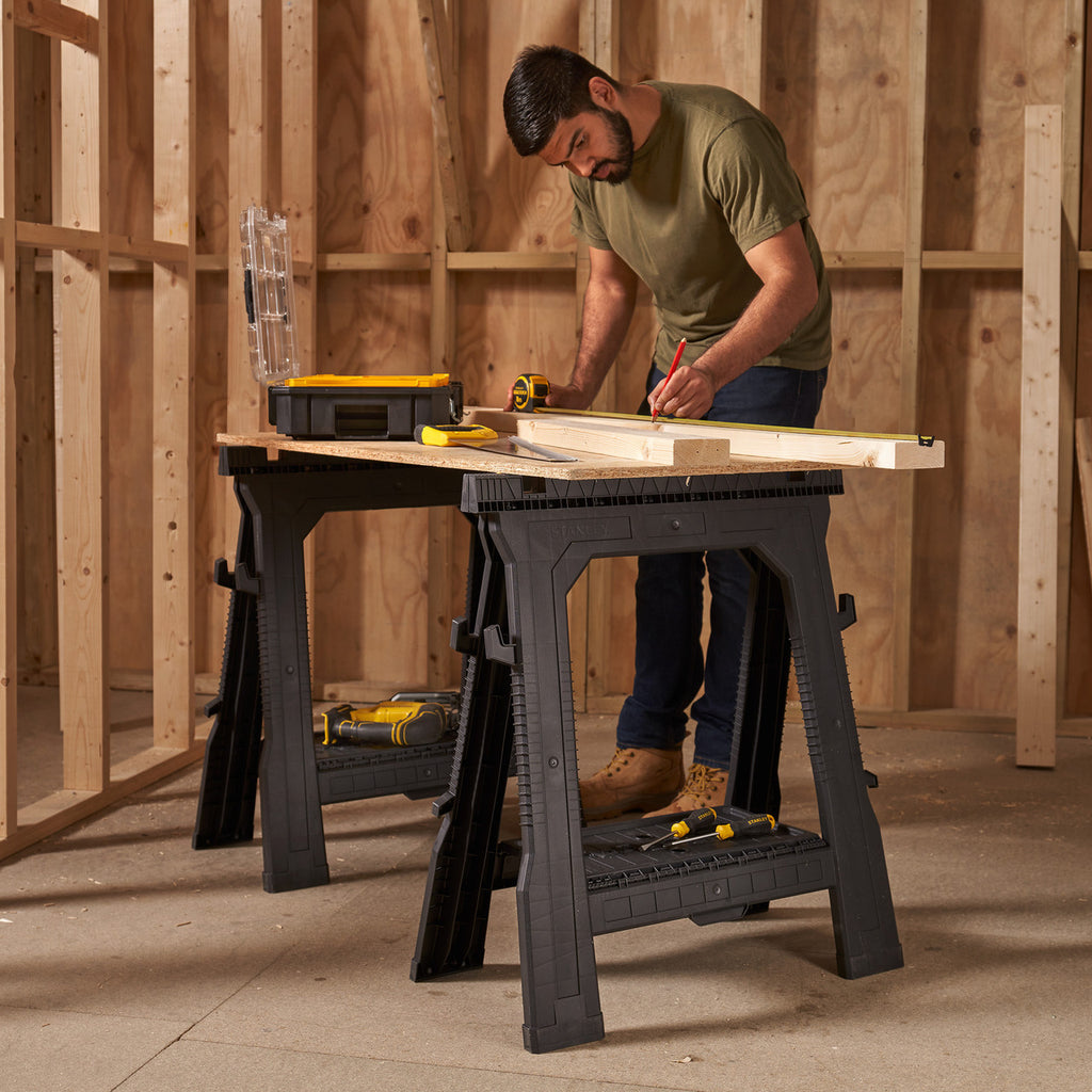 Stanley STST1-70713 Folding Saw Horse (Twin Pack) in use on site