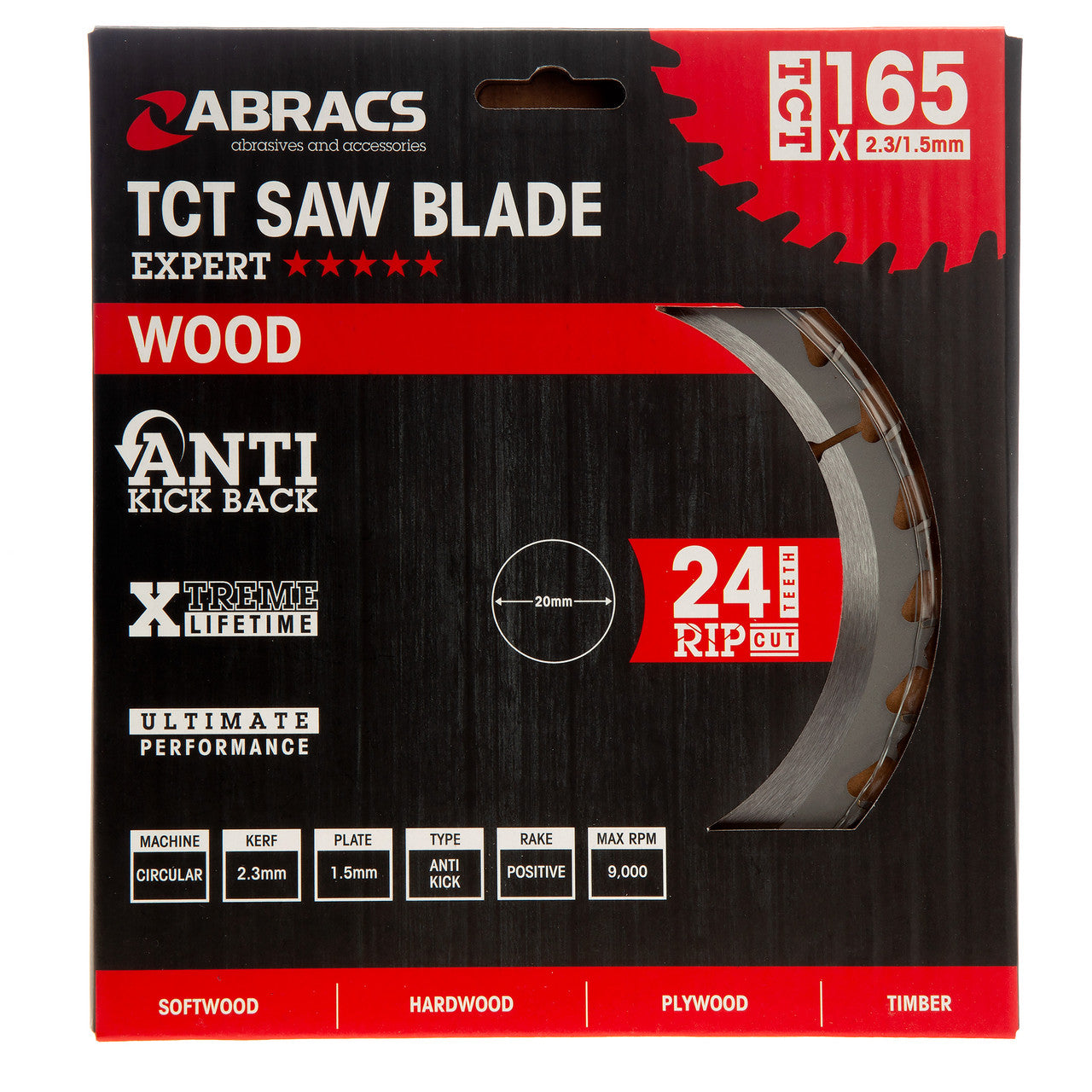 Abracs TCT16524 TCT Circular Saw Blade for Wood 165 x 20mm x 24T in packaging