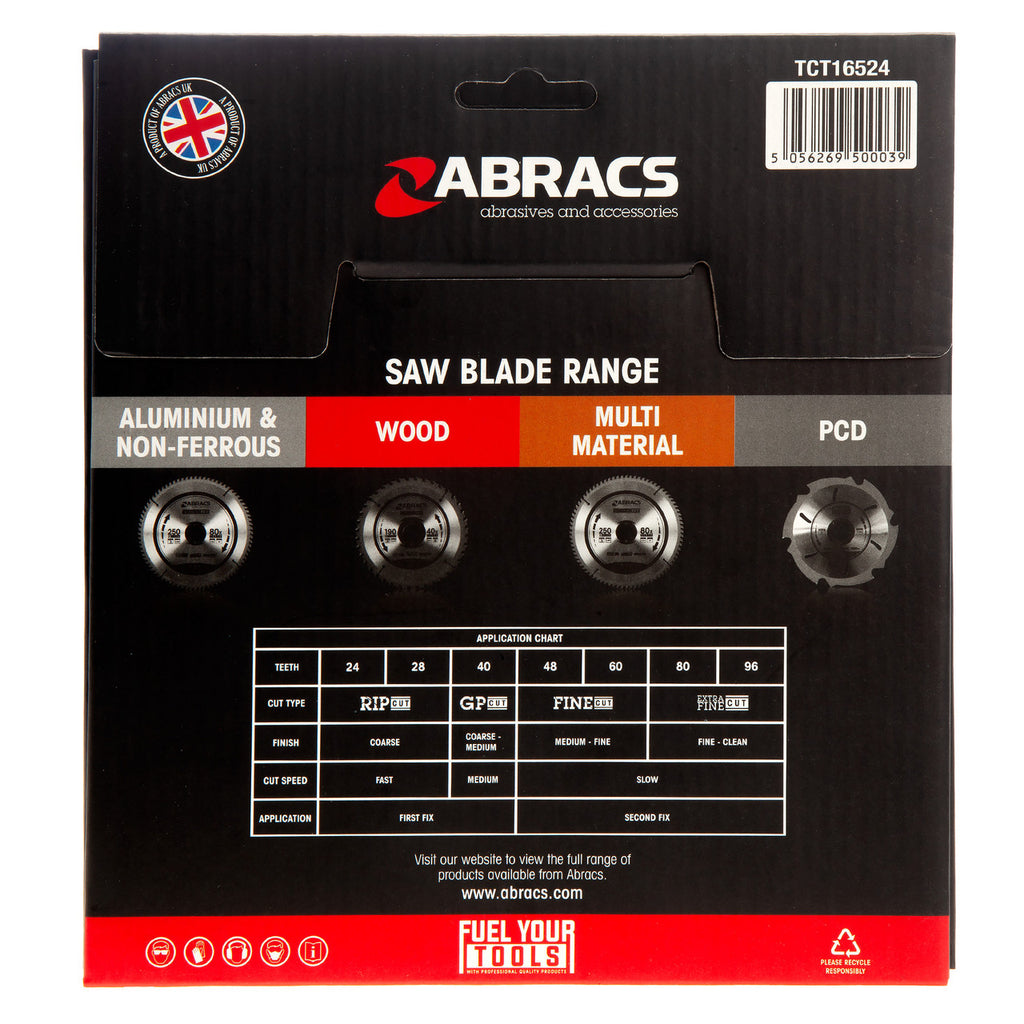 Abracs TCT16524 TCT Circular Saw Blade for Wood 165 x 20mm x 24T rear of packaging