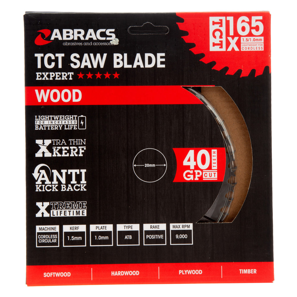 Abracs TCTC16540 TCT Cordless Circular Saw Blade for Wood 165 x 20mm x 40T in packaging