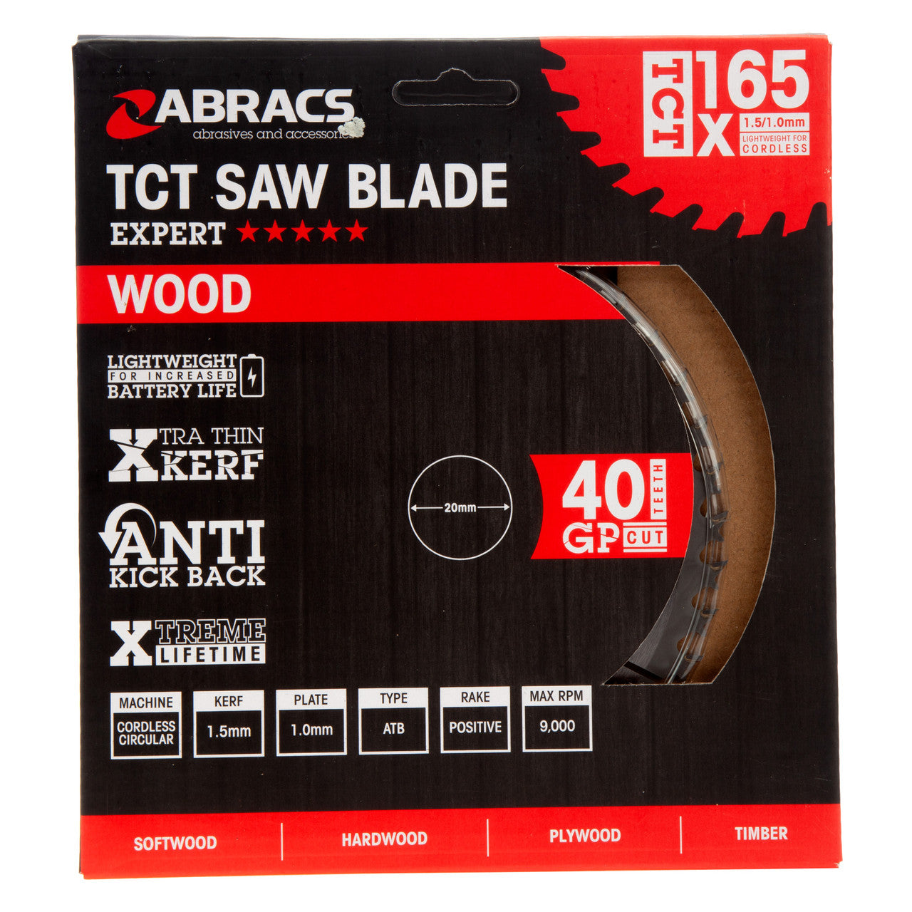 Abracs TCTC16540 TCT Cordless Circular Saw Blade for Wood 165 x 20mm x 40T in packaging