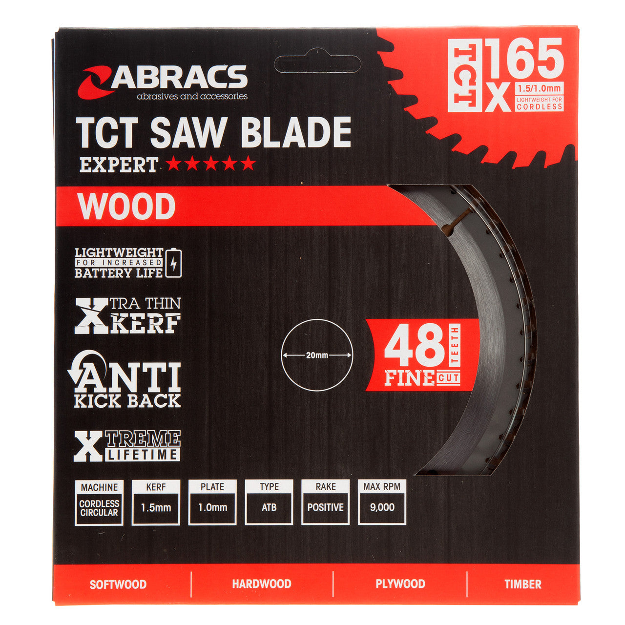 Abracs TCTC16548 TCT Cordless Circular Saw Blade for Wood 165 x 20mm x 48T in packaging