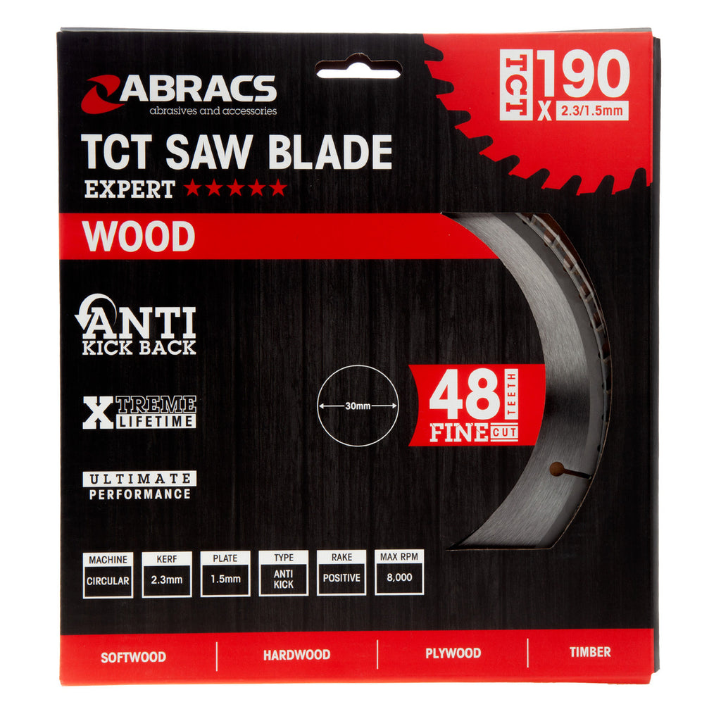 Abracs TCT19048 TCT Circular Saw Blade for Wood 190 x 30mm x 48T in packaging
