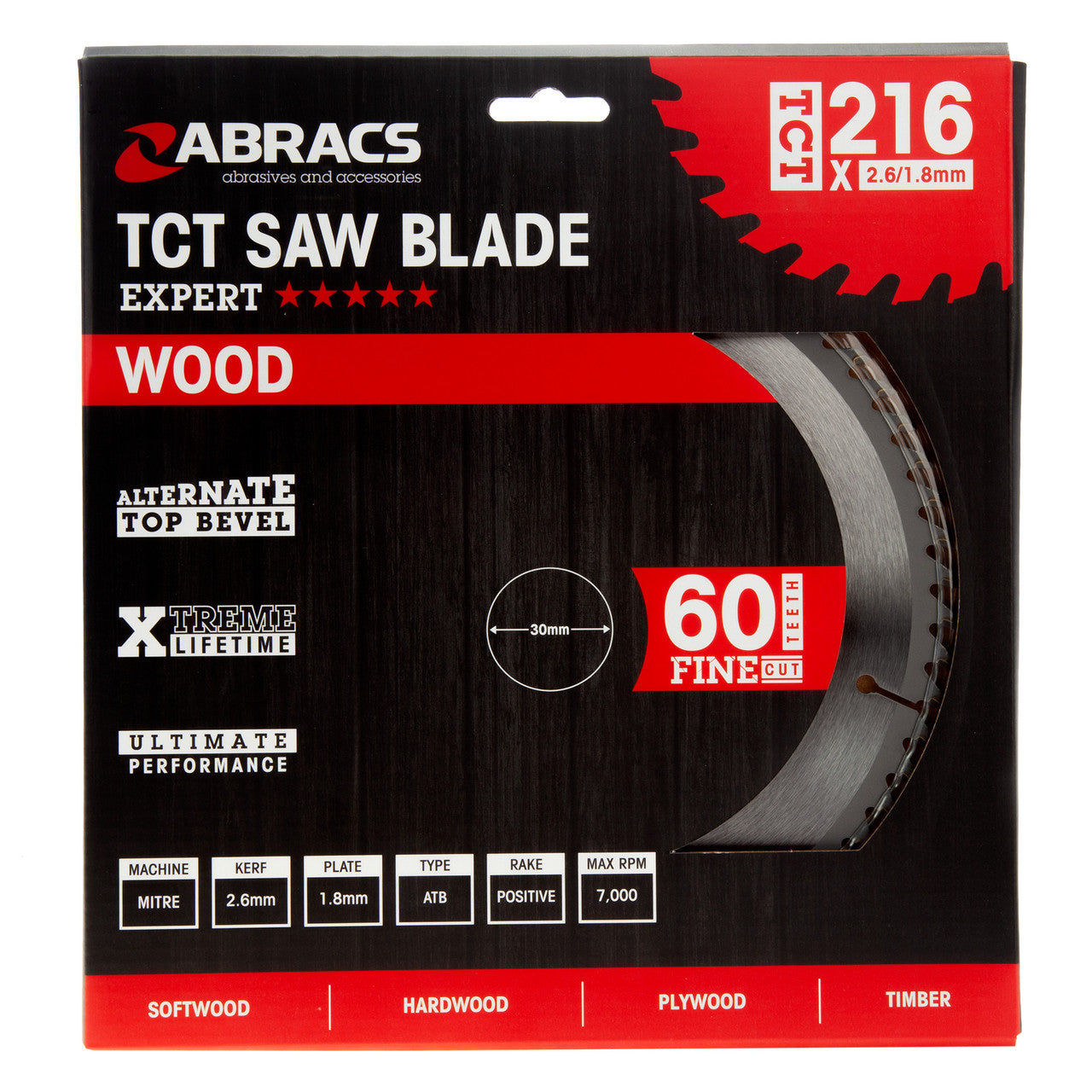 Abracs TCT21660 TCT Circular Saw Blade for Wood 216 x 30mm x 60T in packaging