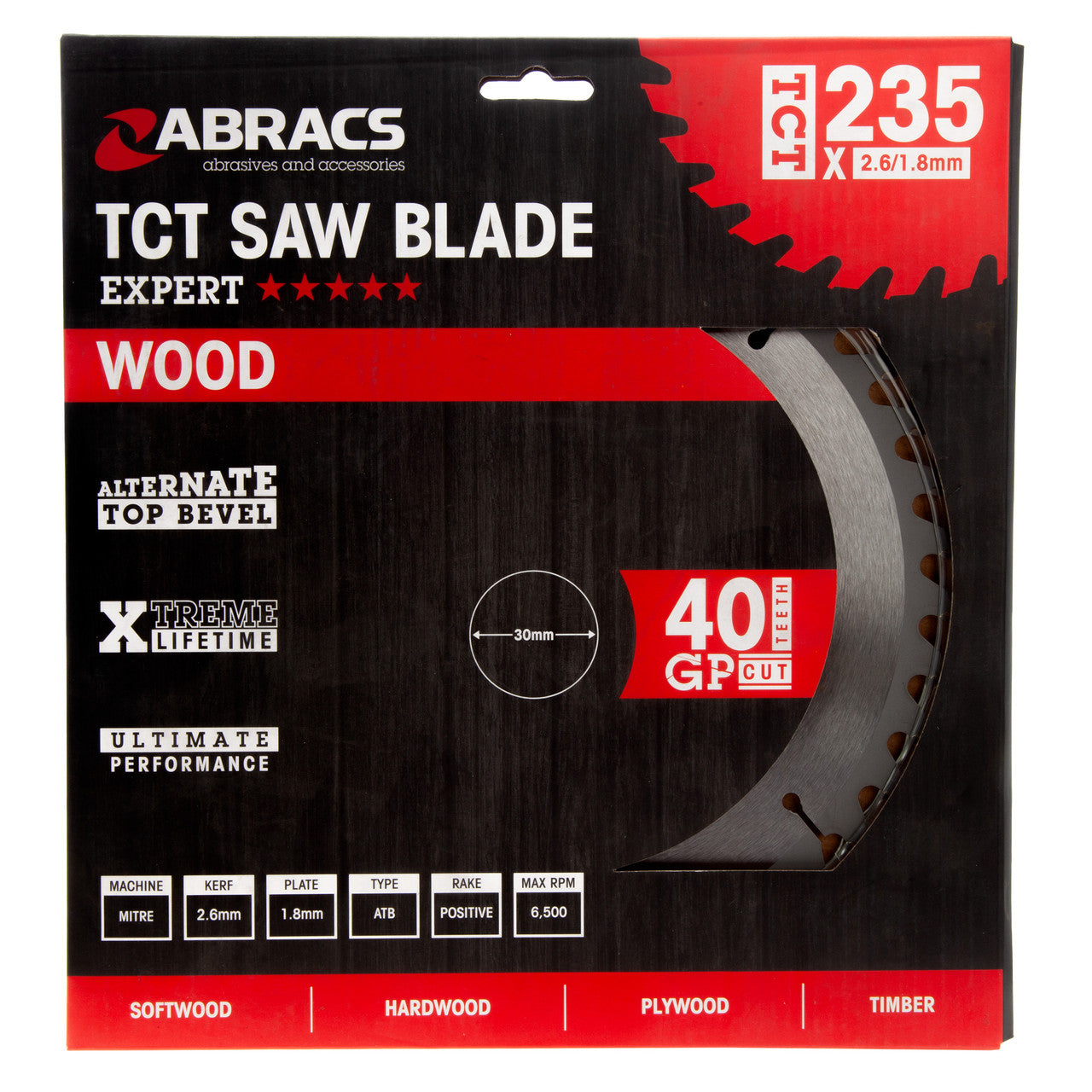 Abracs TCT23540 TCT Circular Saw Blade for Wood 235 x 30mm x 40T in packaging