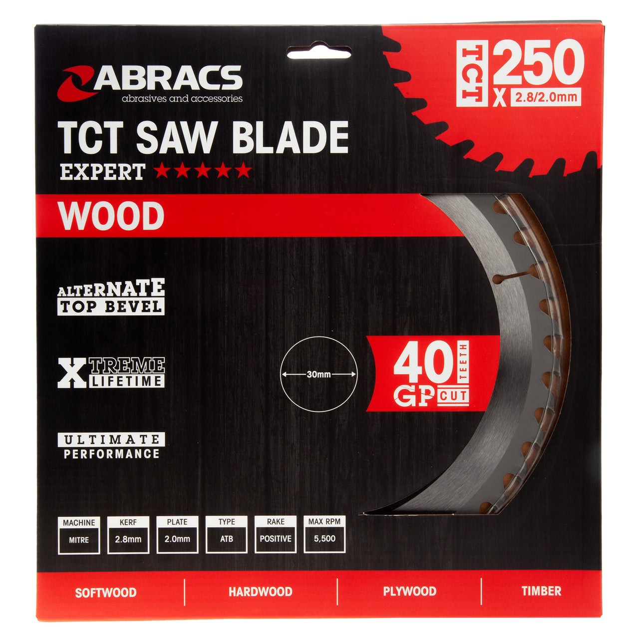 Abracs TCT25040 TCT Circular Saw Blade for Wood 250 x 30mm x 40T in packaging