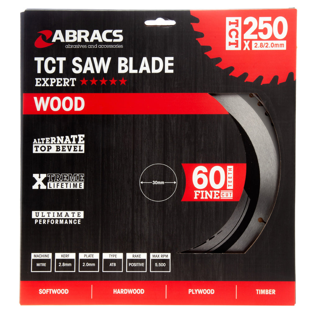 Abracs TCT25060 TCT Circular Saw Blade for Wood 250 x 30mm x 60T in packaging