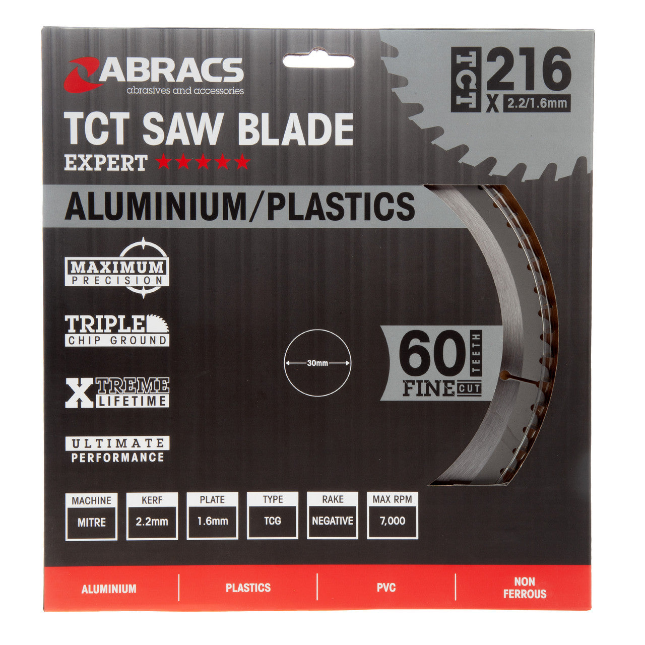 Abracs TCTA21660 TCT Circular Saw Blade for Aluminium 216 x 30mm x 60T in packaging